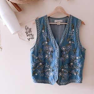 vintage vest Chrisantheme size L embroidered floral denim 90s granny core